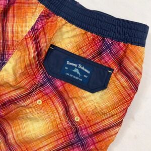 Tommy Bahama Plaid Swim‎ Trunks Recycled Polyester Mesh Lined Size L Orange